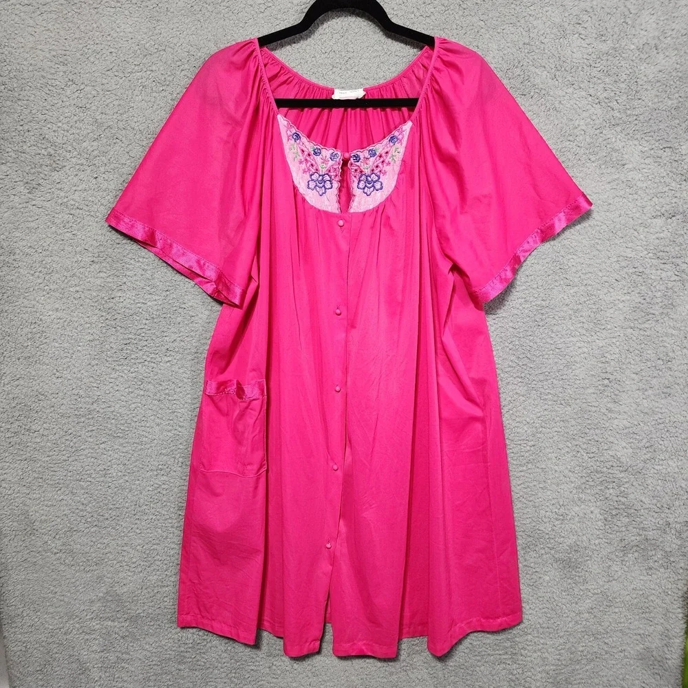 Kelly Reed Womens Pajama Nightgown Bright Pink Nylon‎ Embroidery Size L/XL ?